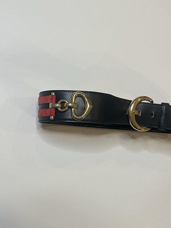 Vtg Escada Western Germany Leather Belt Horsebit Gold Buckle Black Red 36